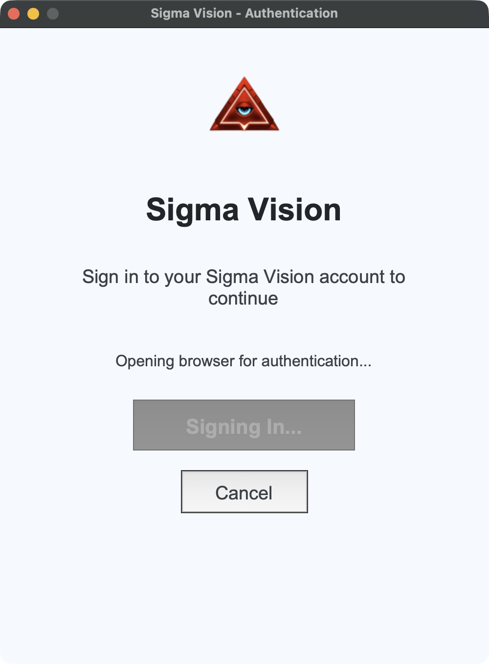 Sigma Vision authentication window showing Opening browser for authentication