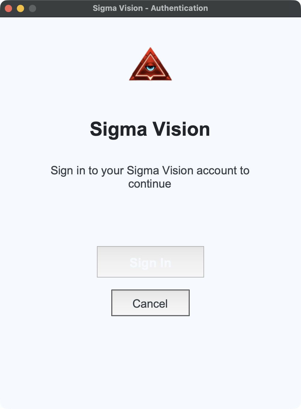 Sigma Vision desktop authentication window with Sign In, before the browser opens