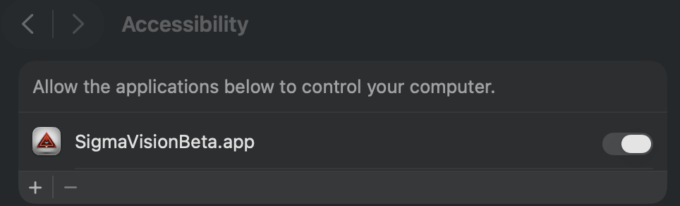macOS Accessibility settings with SigmaVisionBeta.app toggle off