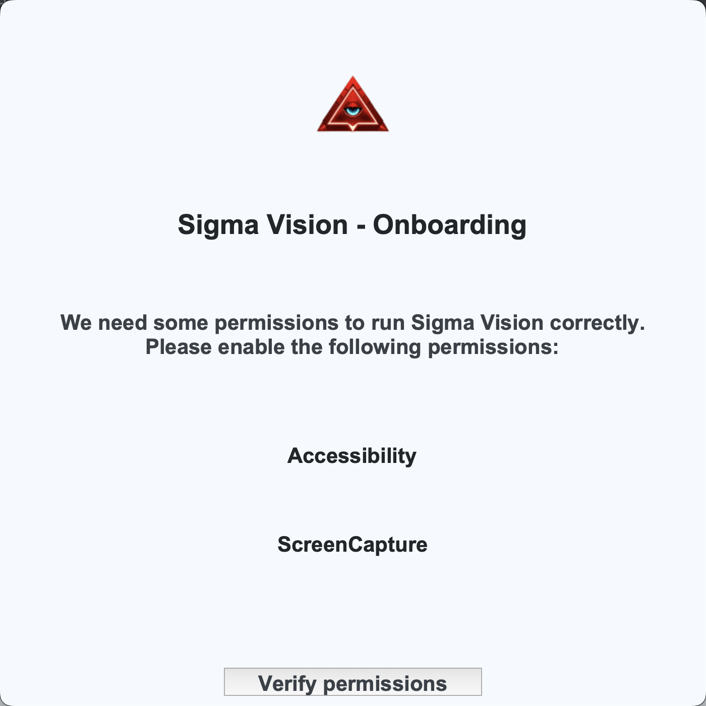Sigma Vision Mac onboarding listing Accessibility and ScreenCapture, Verify permissions