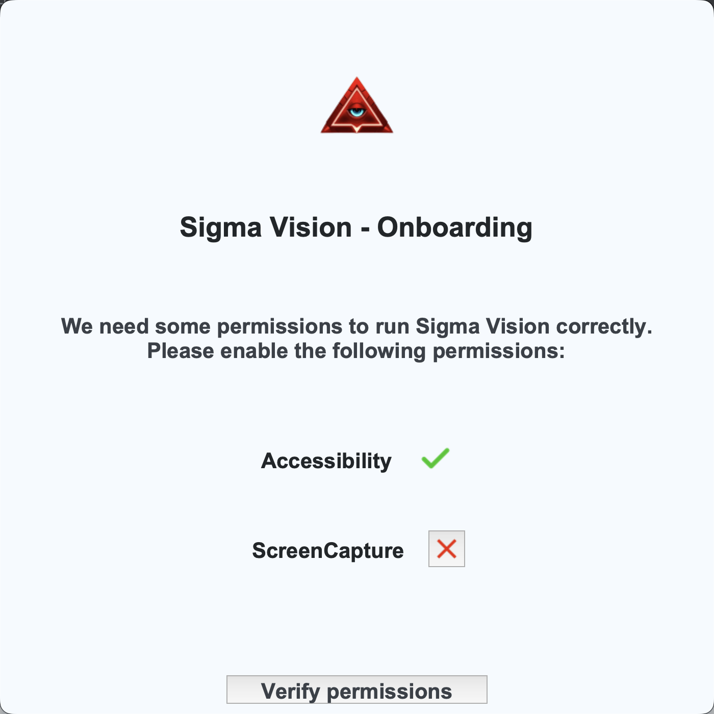 Sigma Vision Mac onboarding: Accessibility granted, ScreenCapture still missing